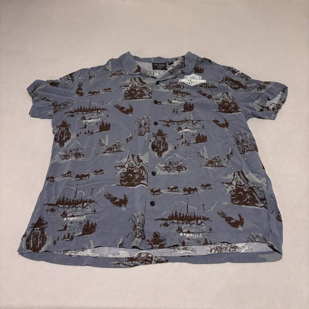 Harley-Davidson Mens Size 2XL Sturgis All Over Print Rayon Button Up Shirt Blue